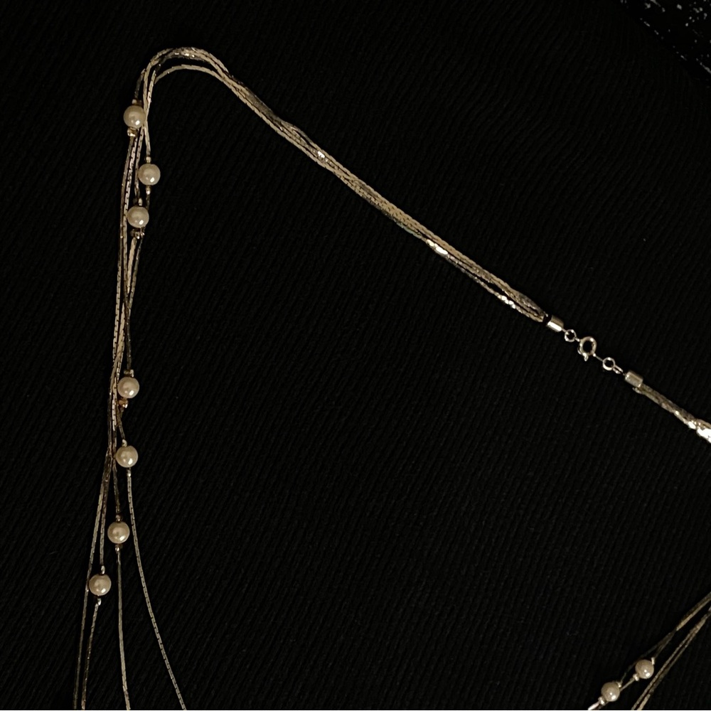 Multi-Strand Pearl Station Necklace - Silver-Tone Snake Chain - Picture 2 of 4